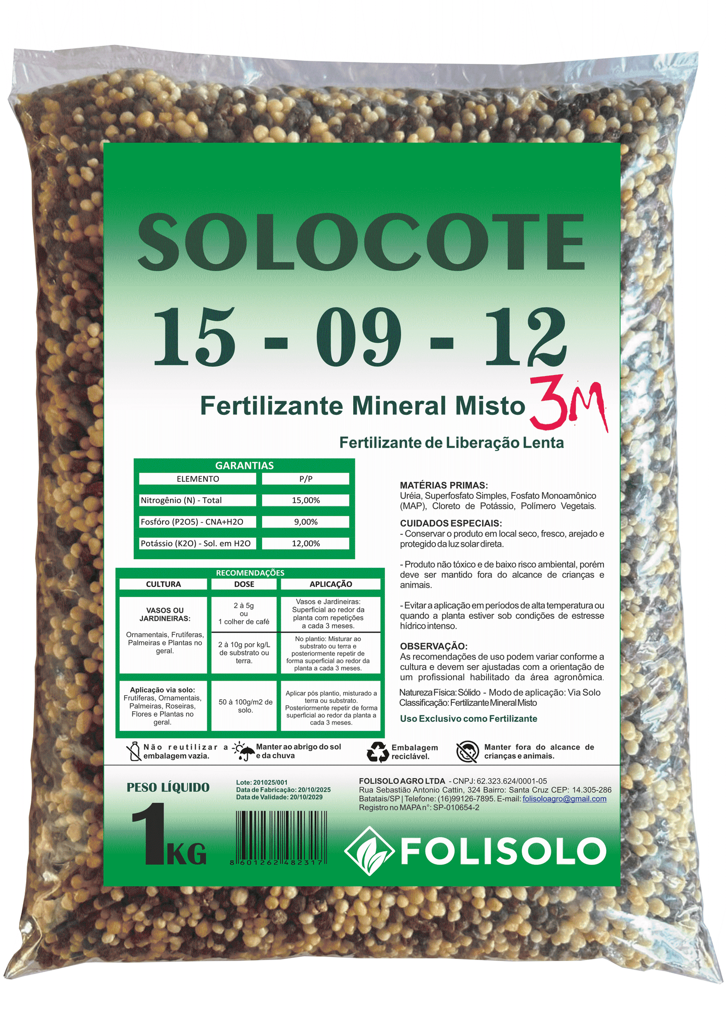 Adubo NPK 15-09-12 1kg Liberação Lenta 3 Meses – Fertilizante para Plantas, Jardim, Vasos, Orquídeas e Suculentas