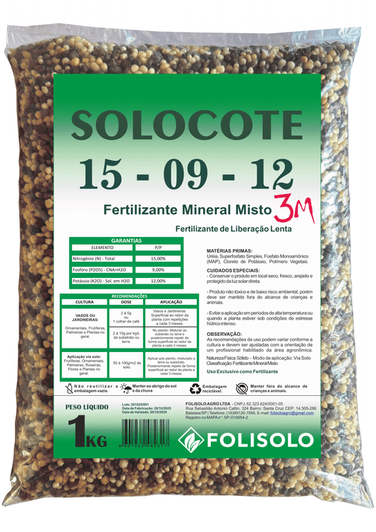 Adubo NPK 15-09-12 1kg Liberação Lenta 3 Meses – Fertilizante para Plantas, Jardim, Vasos, Orquídeas e Suculentas